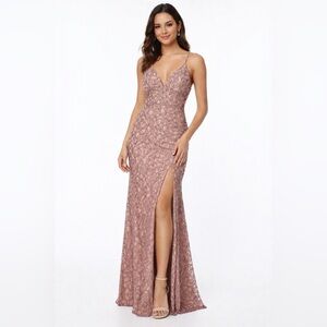 NWT Honey and Rosie Blush Mauve Sequins Lace Maxi Dress Size Small